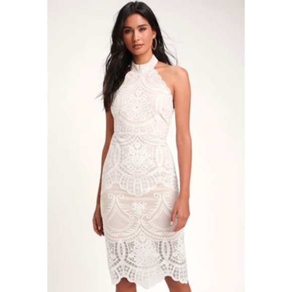 Lulus Dress Womens Medium White Lace Nude Lined Halter Midi Cocktail Bridal - Picture 2 of 10